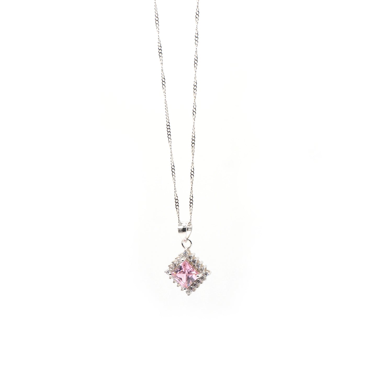 Pink Gemstone Charm Pendant & Twist Chain Necklace 16"
