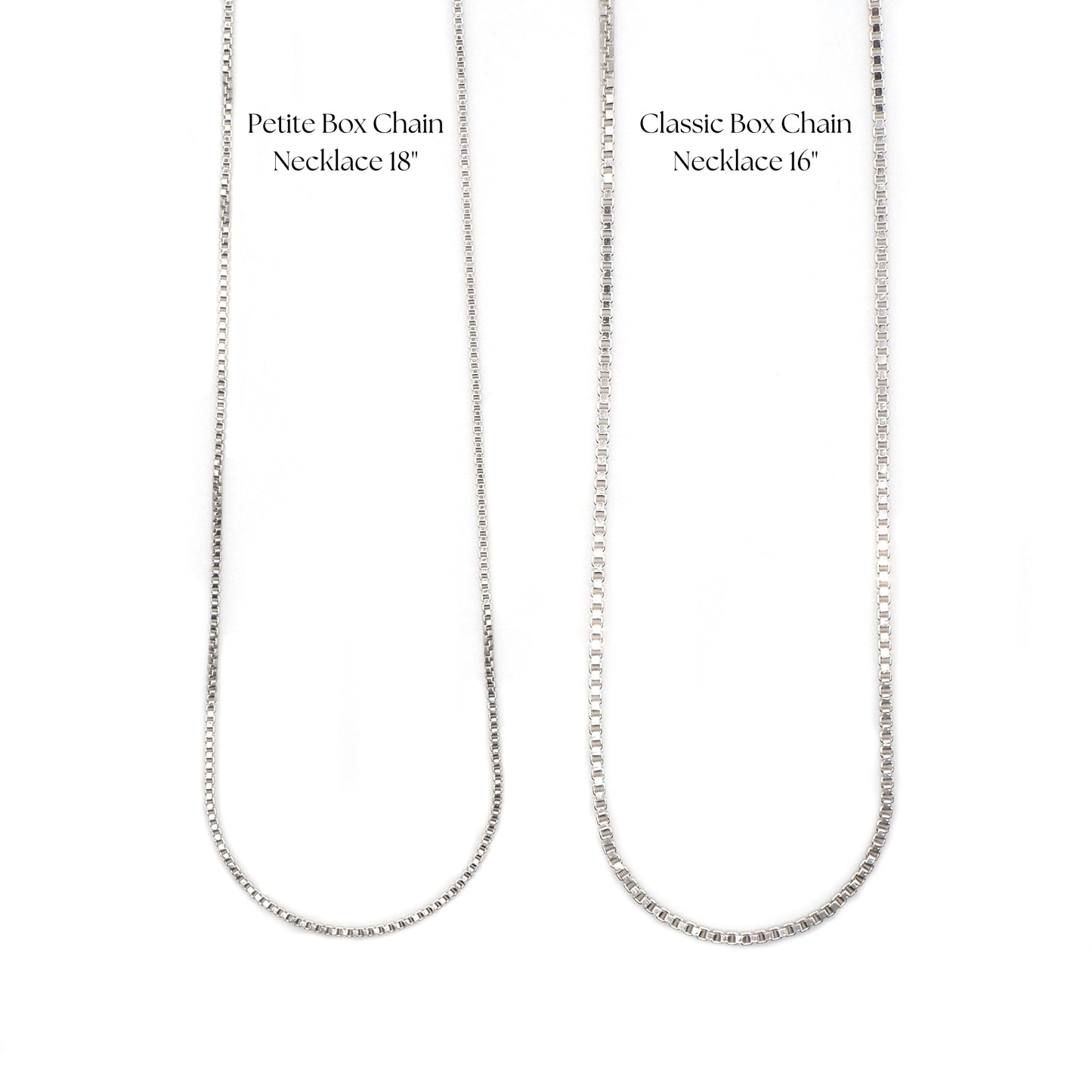 Comparison box chain necklaces 16" and 18"