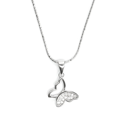Sterling Silver Butterfly Diamond Pendant plated with white gold in front view