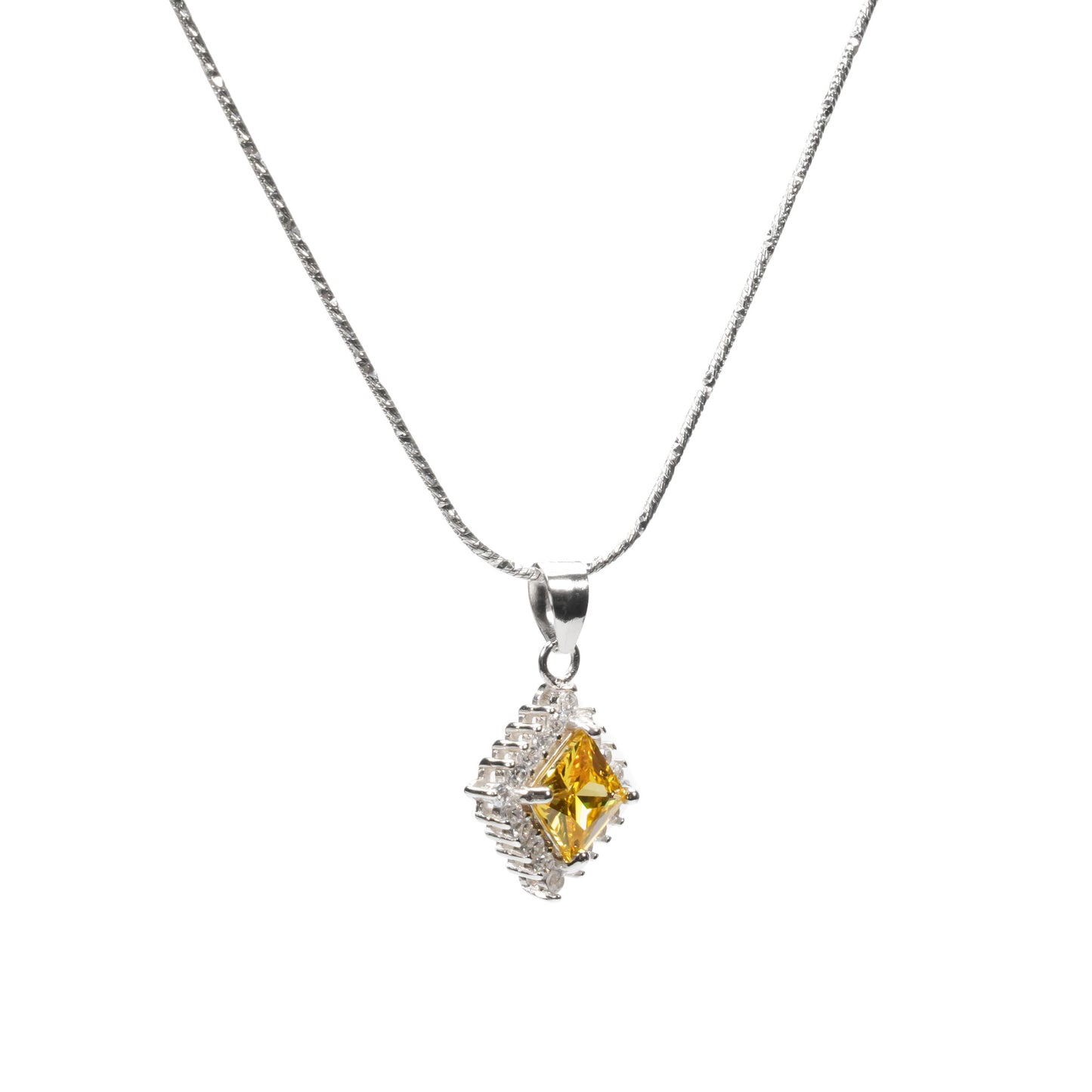 sterling silver yellow diamond pendant in side view