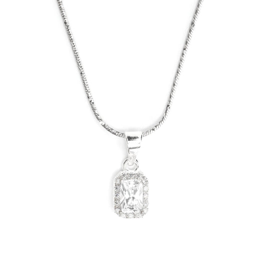 sterling silver square halo diamond pendant in front view