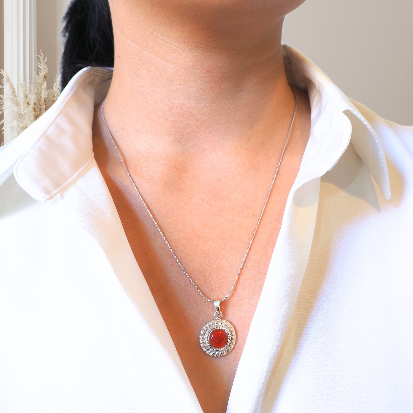 Sterling Silver Necklace Set - Silver necklace 18 inches with Red stone twist pendant
